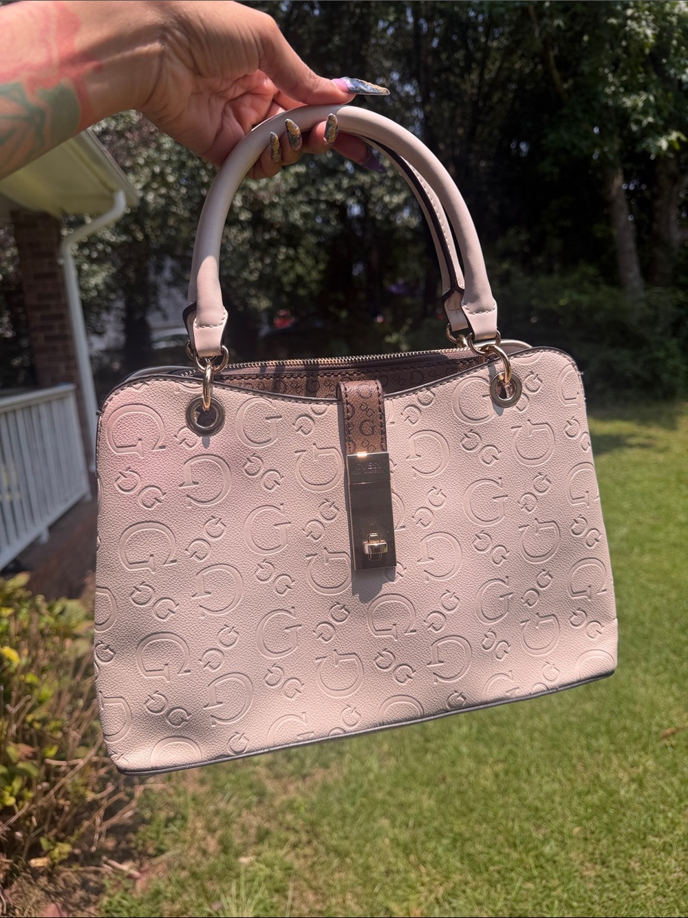 Guess Embossed Logo Satchel in Light Pink with Gold Hardware